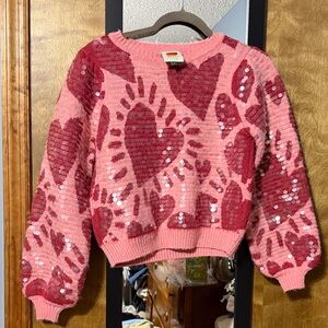 FARM Rio Pink and Red Heart Sequin Sweater